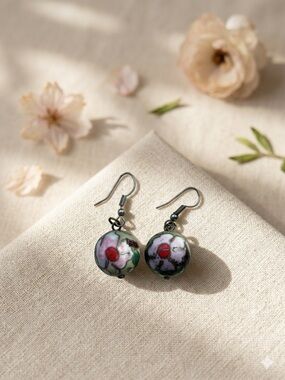 Pink Floral Cloisonné Drop Earrings with Green Accents Handmade